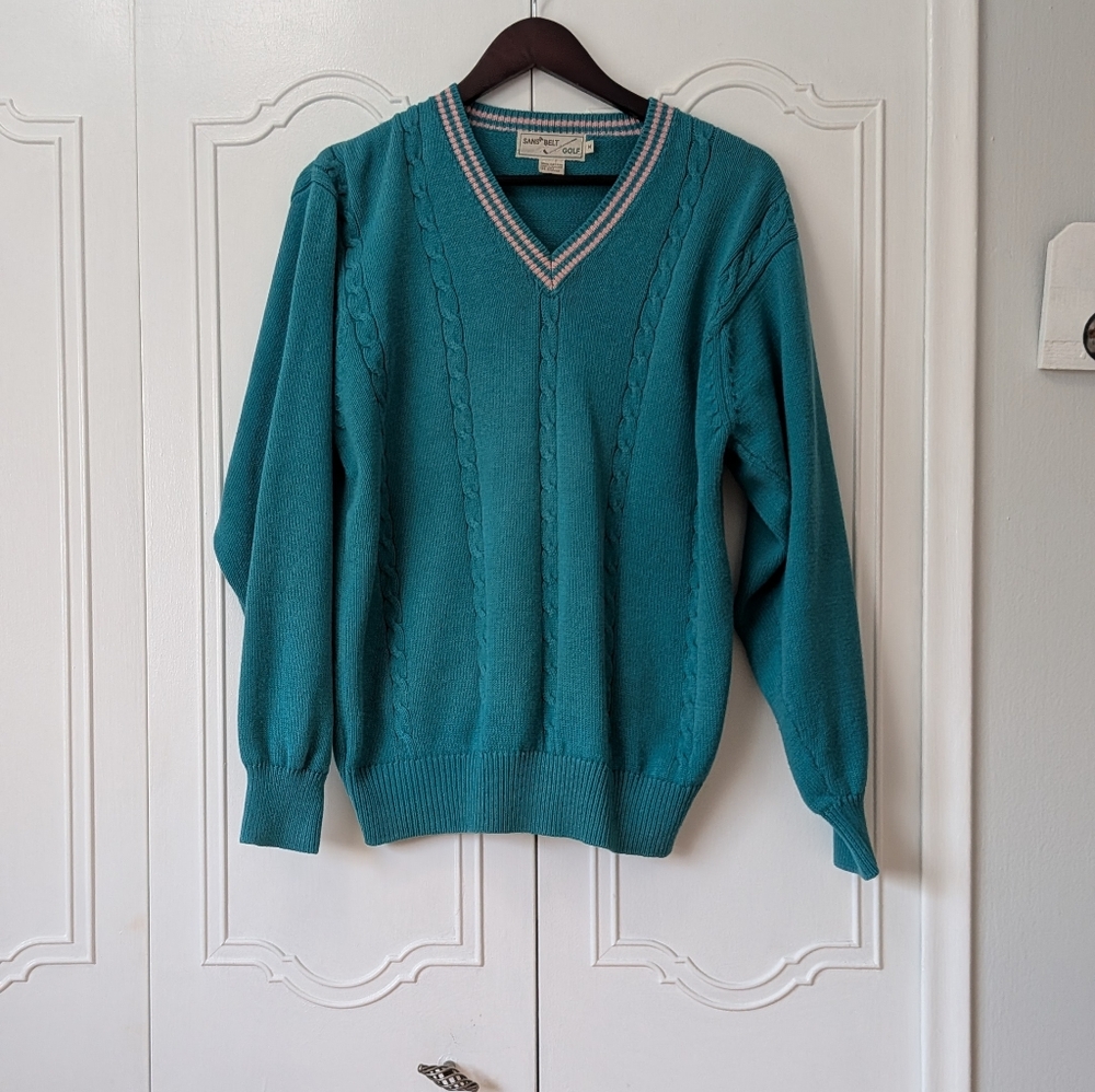 Sans Belt Men's Vintage Teal V-Neck Cable Sweater with Contrast Trim